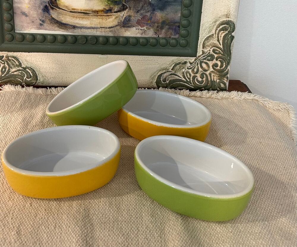 Vintage Oval Au Gratin Dishes - Set of 4 - Made in France - Yellow and Green